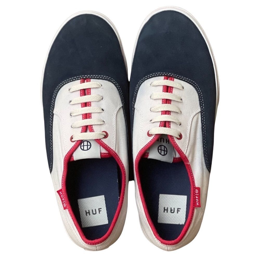 HUF Mateo Blue Suede, Beige Canvas, Red Trim Sneakers